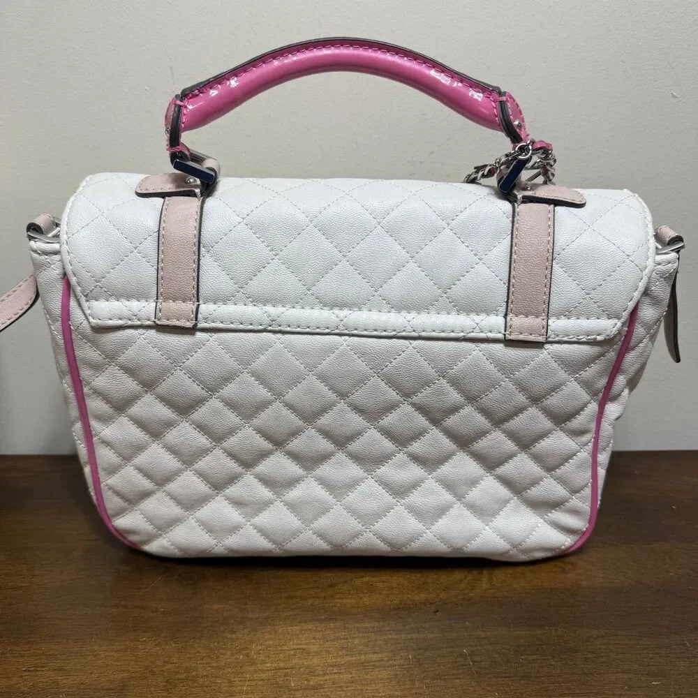 Vintage 90s Y2K Guess Pink White Quilted Satchel Detachable Strap Purse Jewelry - Picture 5 of 9